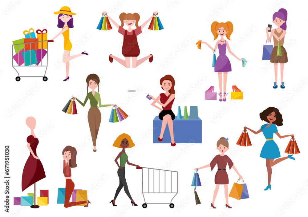 woman with shopping bags set
