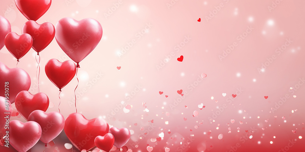 Festive romantic background with balloons hearts and confetti Valentine's Day or Merry Christmas and Happy New Year greetings.
