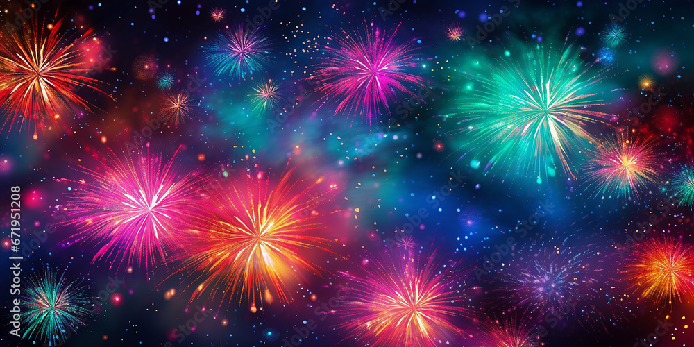 Neon Fireworks Spectacle: Design a vibrant background with neon-colored fireworks bursting in the night sky