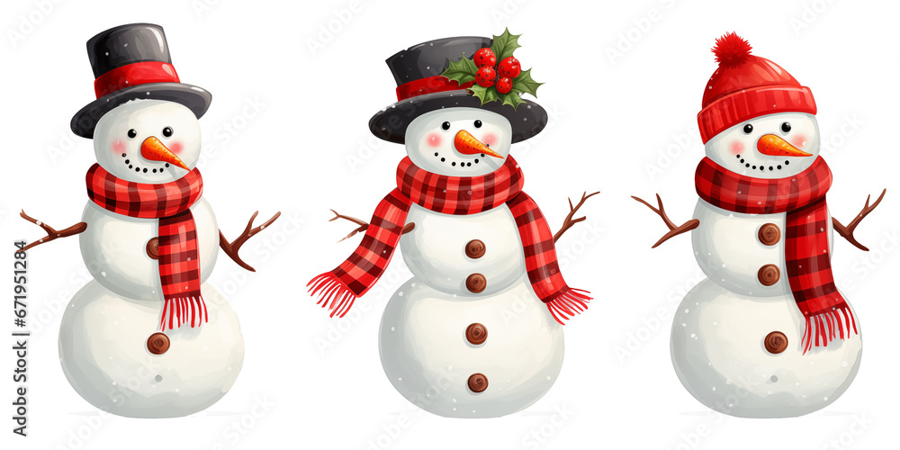 Set of snowman , Christmas and New Year decoration, isolated transparent background