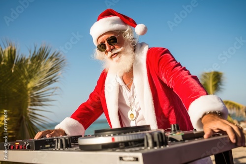 A fiery Christmas party with Santa Claus as a DJ mixing tracks on a DJ mixer. The New Year's party is filled with festive mood and fun. a night of fun.
