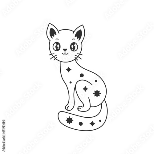 Celestial Cat Doodle. Black line art. Kawaii kitten. Cute animal with stars. Childish vector illustration for kids, astrology, esoteric topics.