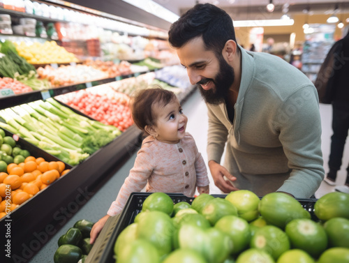 Obraz na płótnie Arab-americans shopping in supermarkets with babies w salonie