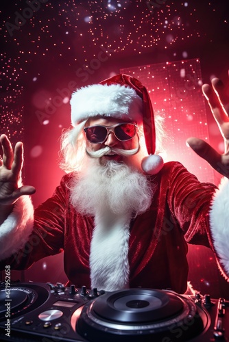 A fiery Christmas party with Santa Claus as a DJ mixing tracks on a DJ mixer. The New Year's party is filled with festive mood and fun. a night of fun.