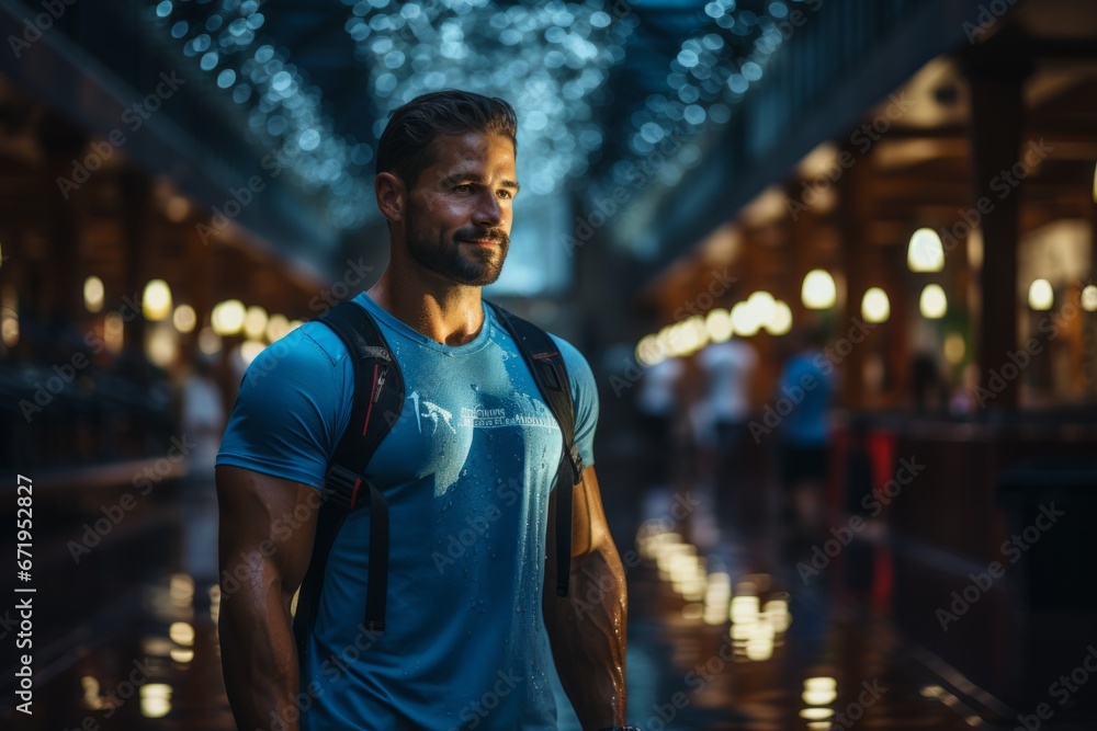 Fototapeta premium Fitness enthusiast with a water bottle in a gym, Generative AI