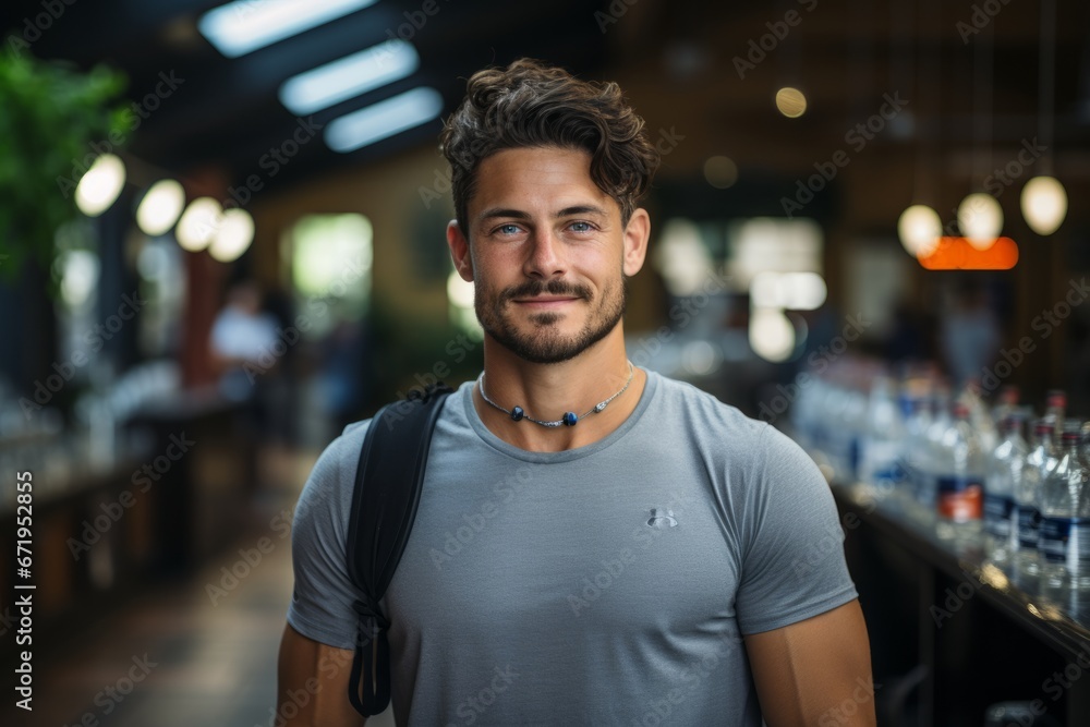 Fototapeta premium Fitness enthusiast with a water bottle in a gym, Generative AI