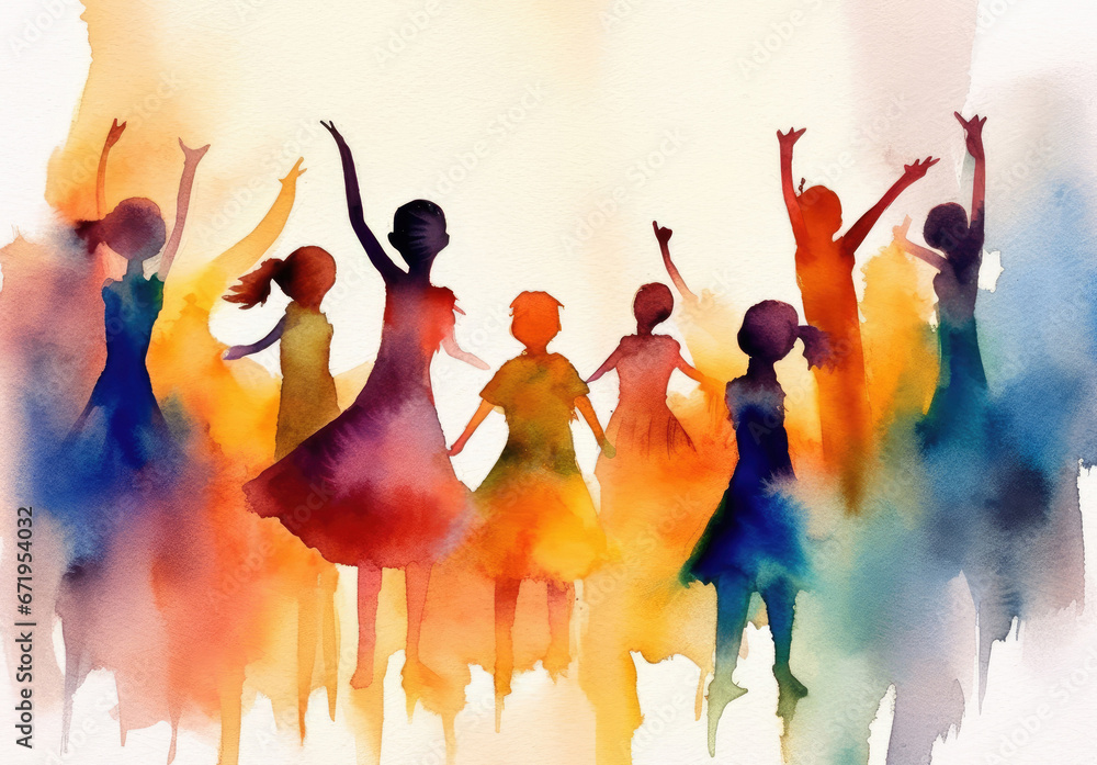 Children playing and dancing - watercolor illustration, wit vibrant colors