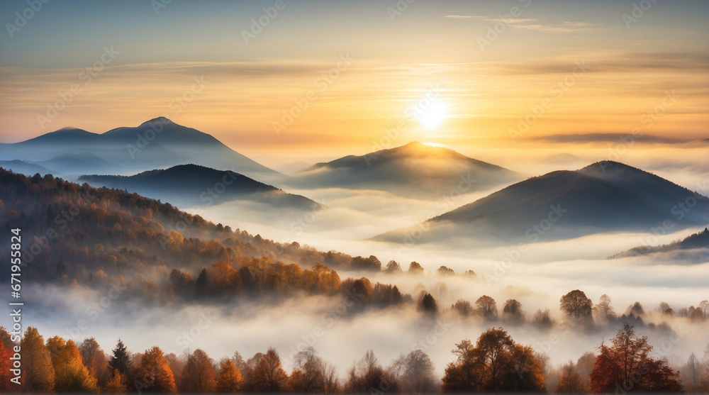 Fog moving as the sun rises over mountains full of trees in autumn, taken with a long exposure photo style