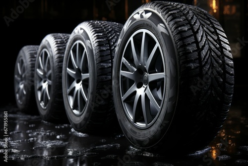 New car tires on the snow. Background with selective focus and copy space © top images