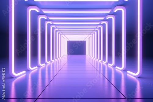 Long empty corridor with neon lights. Background with selective focus and copy space
