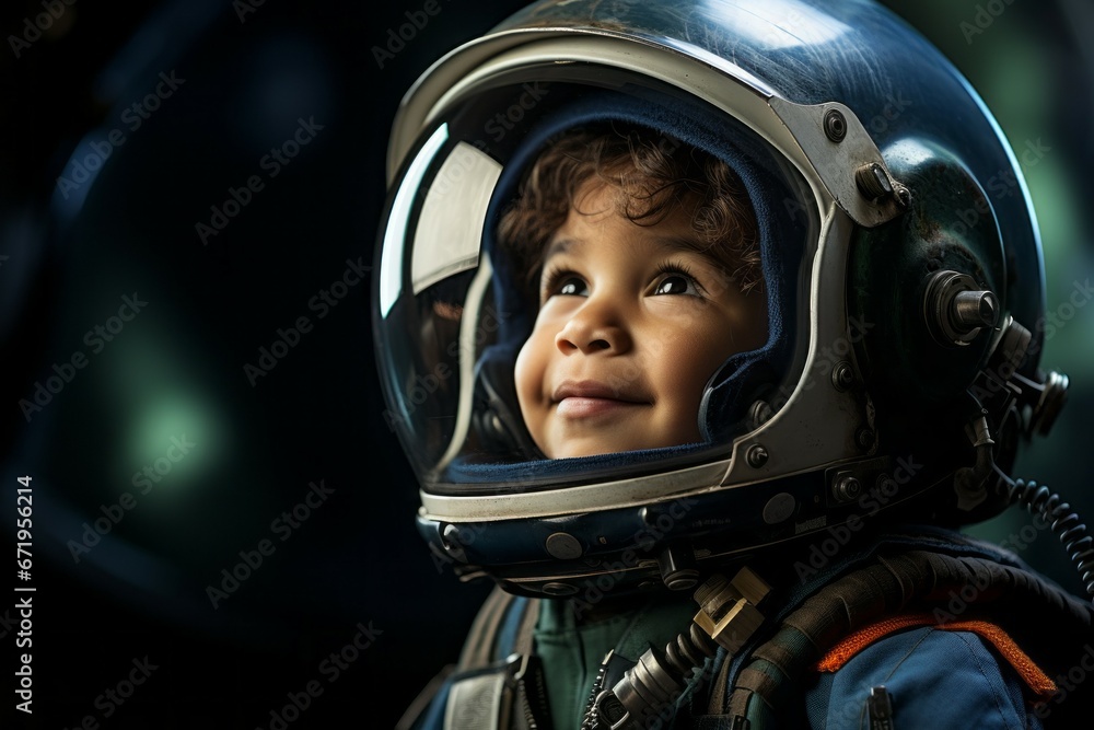 Portrait of a child in an astronaut costume with selective focus and copy space Portrait of a child in an astronaut costume with selective focus and copy space
