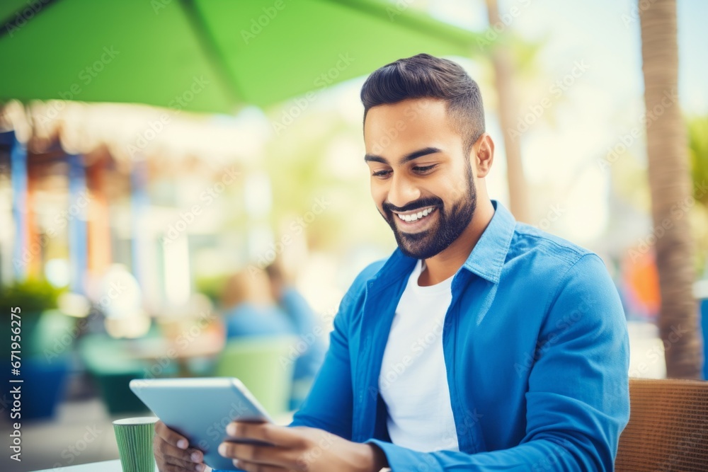 A man with a tablet selects goods in an online store. Portrait with selective focus and copy space A man with a tablet selects goods in an online store. Portrait with selective focus and copy space