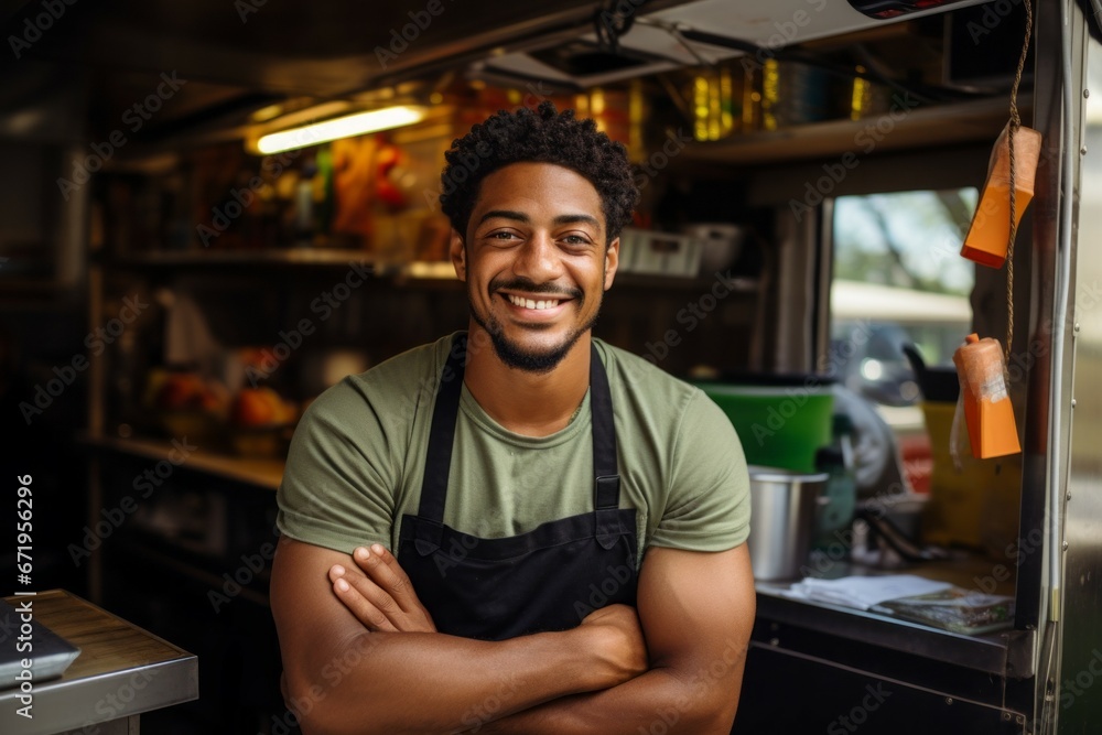 The man is the owner of a fast food truck. Top profession concept. Portrait with selective focus and copy space The man is the owner of a fast food truck. Top profession concept. Portrait with selective focus and copy space