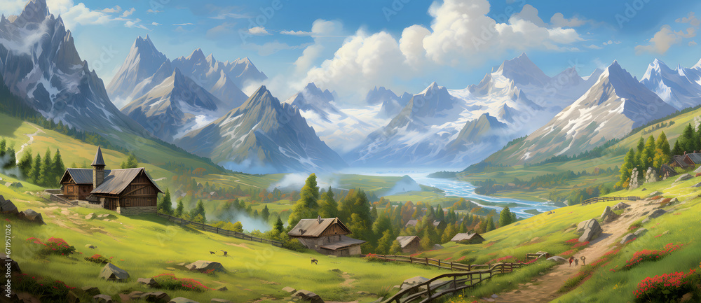 Cartoon style wild alpine meadow landscape 7 - obrazy, fototapety, plakaty 