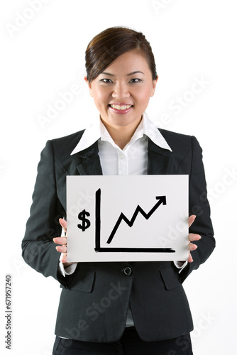 Asian business woman holding sign.