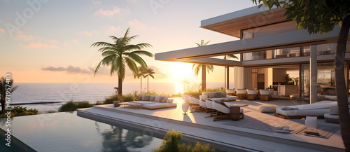 Luxurious infinity swimming pool at sunset by the sea 1