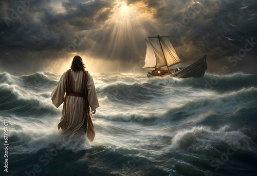 Jesus walking on water biblical conceptual theme. Religious concept. photo