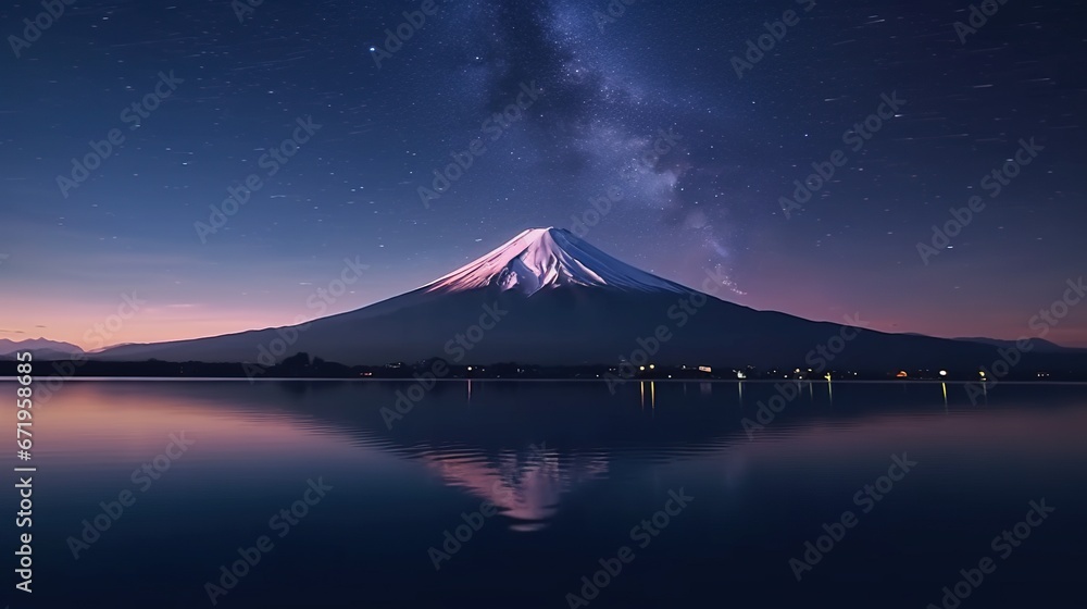 Snowy Mountain reflection at night in the lake  - obrazy, fototapety, plakaty 