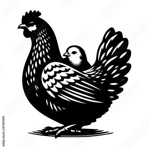 Hen vector silhouette illustration, Chicken with cub vector silhuette
