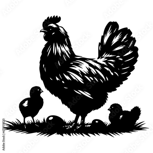 Hen vector silhouette illustration, Chicken with cub vector silhuette