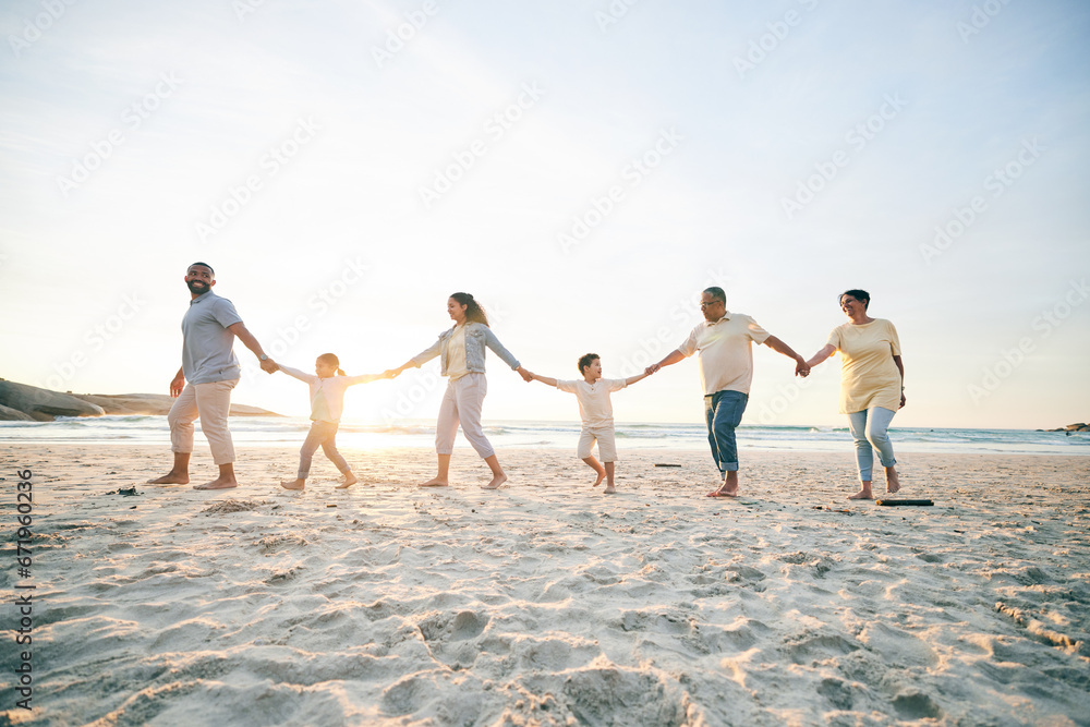 Family, walking and beach with holding hands for love in outdoor on vacation with sunshine. Care, generations and children or parents at ocean for travel in summer with bond, freedom in mockup space. - obrazy, fototapety, plakaty 