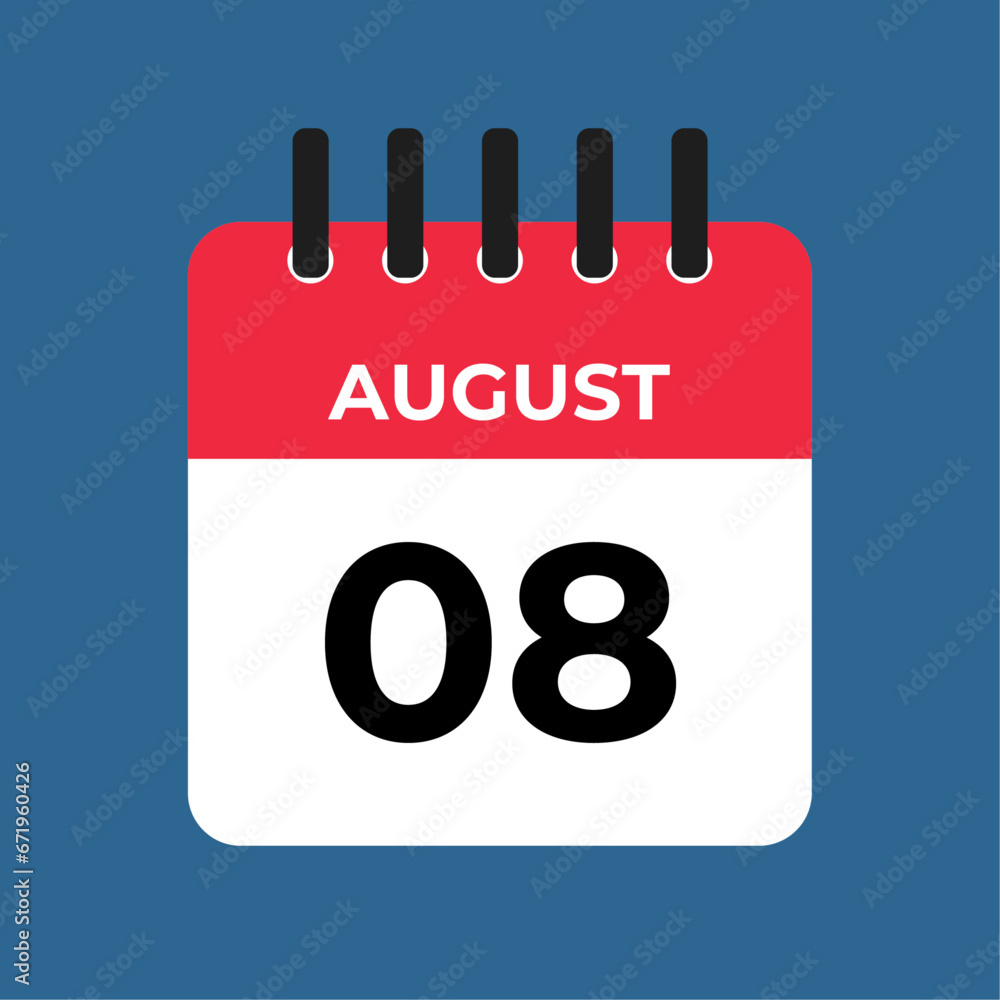 August 8 calendar reminder. 8 August daily calendar icon template. Calendar 8 August icon Design template. Vector illustration August 8 calendar reminder. 8 August daily calendar icon template. Calendar 8 August icon Design template. Vector illustration