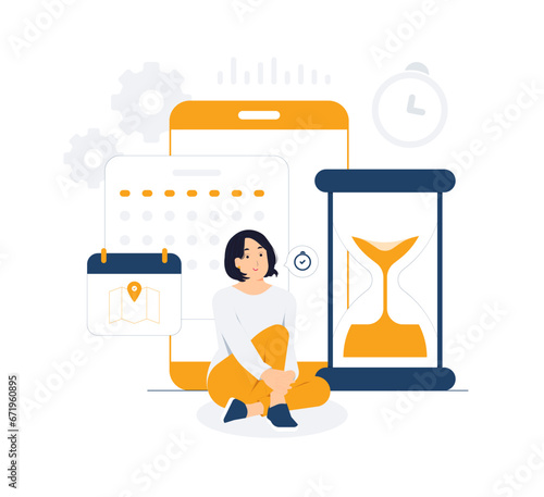 Time management, organizing schedule, planning calendar appointments, successfully completing work tasks concept illustration