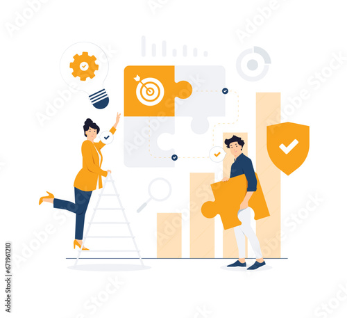 Collaboration, partnership, searching for creative solutions, people connecting and putting together a piece of puzzle , teamwork business concept illustration