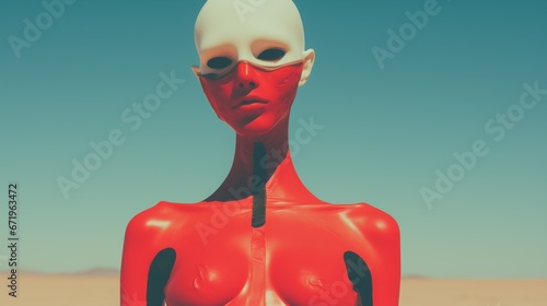 Cyber female robot android with lifeless brown desert dune backdrop, minimal futuristic fashion model, smooth artificial skin, bald head, exaggerated humanoid features. Surreal cyberpunk portrait.