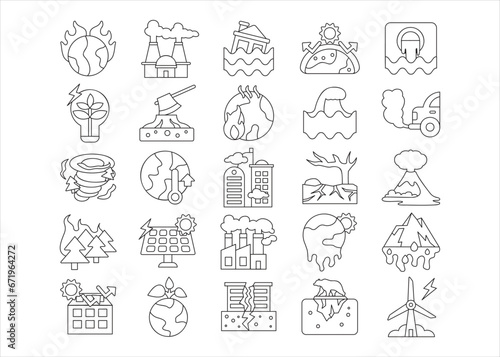 Global warming line icon collection, world natural disaster drawing vector illustration set