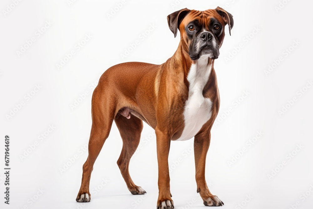 Photo of a confident Boxer dog showcasing its muscular build on a clean white backdrop. Generative AI
