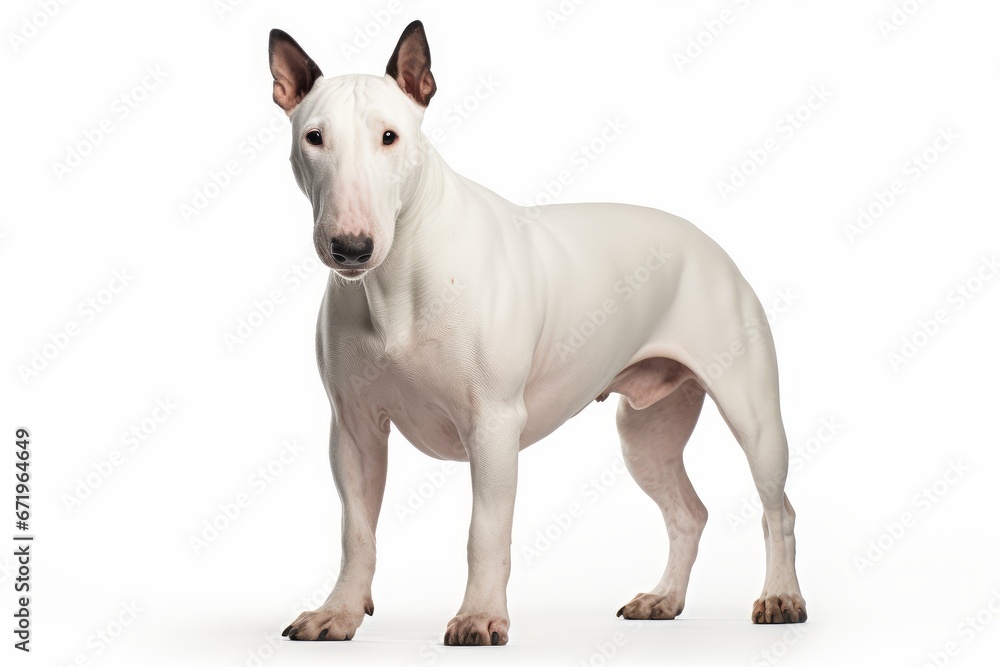 Photo of a confident Bull Terrier in a bold pose against a clean white background. Generative AI