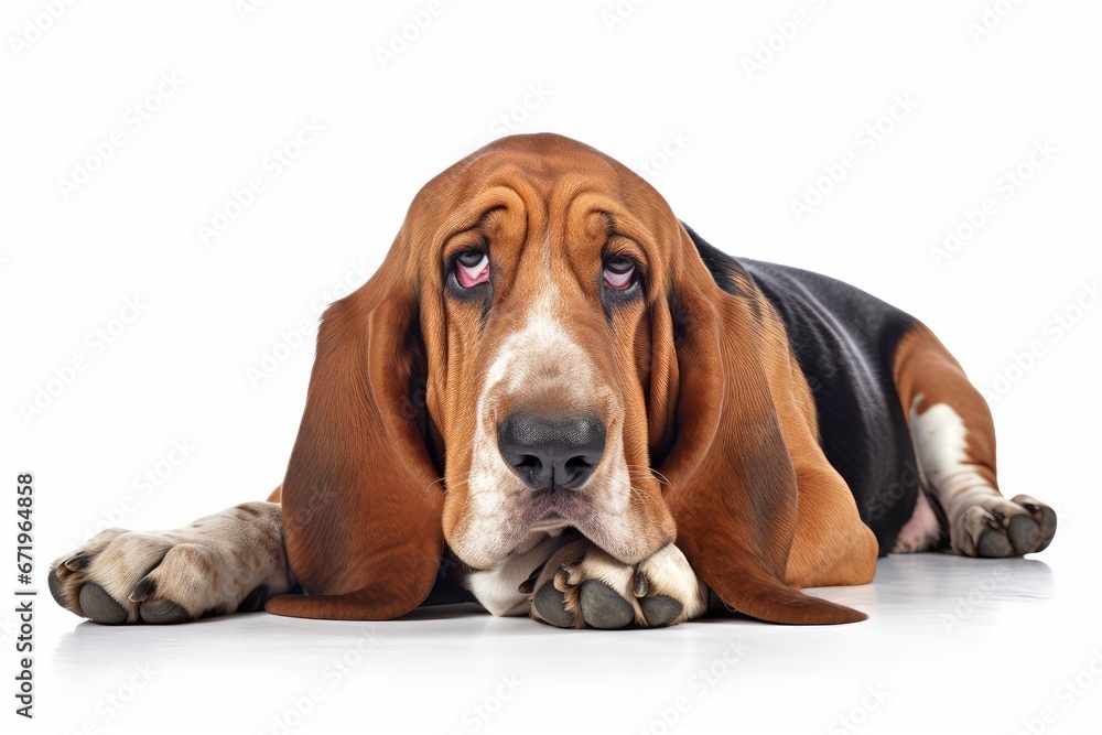 Photo of a contented Basset Hound in a relaxed pose on a clean white backdrop. Generative AI