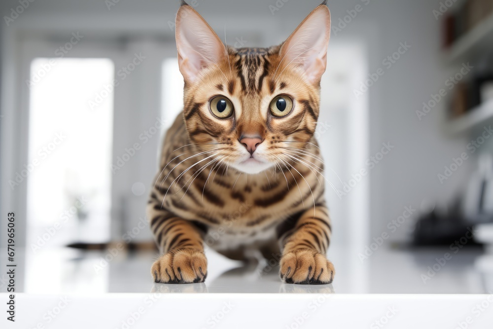 Photo of a curious Bengal cat in a pouncing pose on a clean white countertop. Generative AI