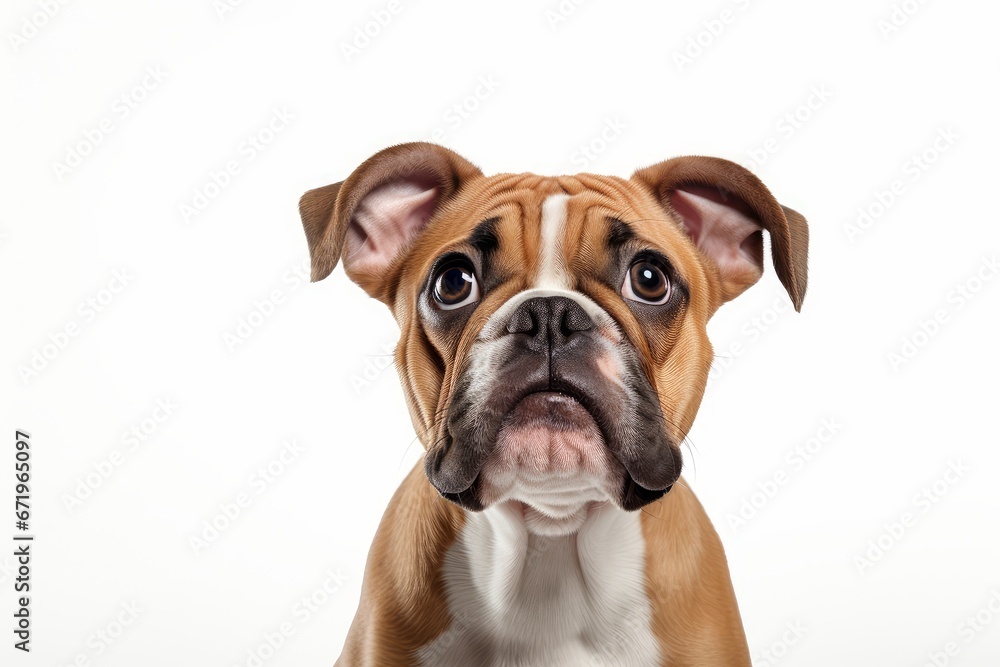 Photo of a curious Bulldog with its characteristic wrinkled face on a clean white backdrop. Generative AI