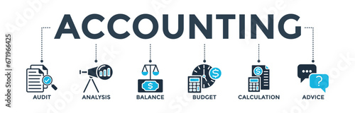 Accounting banner web icon vector illustration concept for business and finance with an icon of the audit, analysis, balance, budget, calculation, and advice