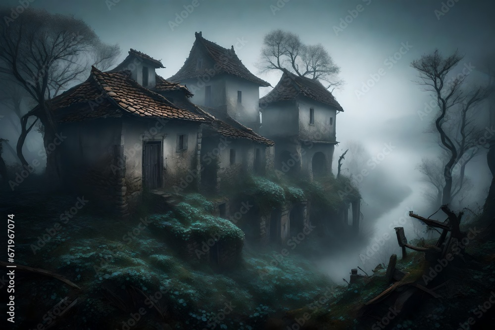 An abandoned, ethereal village is shrouded in fog