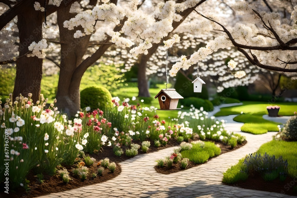 An attractive springtime garden including a white flowering tree and a solitary ornament in the form of a birdhouse