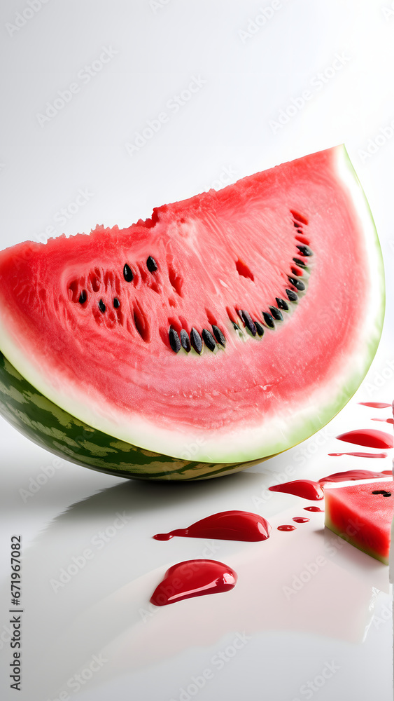 Contrast and Surrealism: Watermelon on a Clean White Room Floor with Dripping Blood
Contrast and Surrealism: Watermelon on a Clean White Room Floor with Dripping Blood
