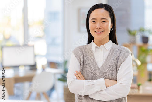 Business woman, face with success and happy, mockup space, vision and professional mindset with career goals. Employee with arms crossed, leader and corporate lawyer at law firm in Japan with growth
