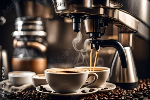 Close-up of a creamy coffee stream in a cup during the making of coffee using a coffee maker