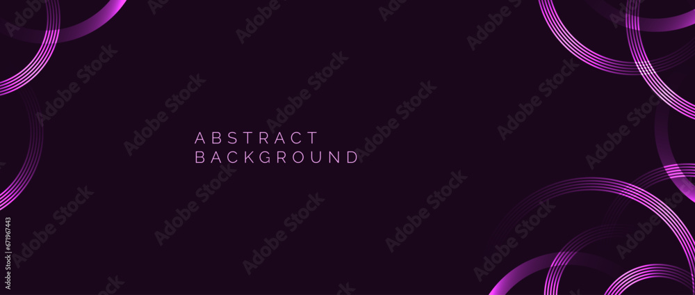 Glowing purple circles background. Abstract neon round pattern. Dark scarlet geometric curved lines design for cover, poster, banner, brochure, flyer, booklet, presentation, card. Vector wallpaper - obrazy, fototapety, plakaty 