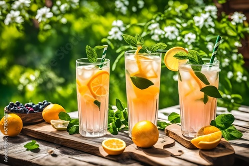 Glasses with fresh lemonade in summer greenery and flowers on the background of a wooden table, citrus and berry lemonade with frappe ice on a wooden table