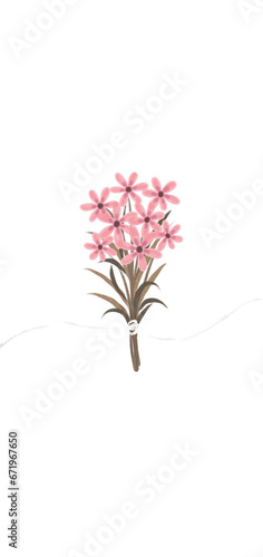 Pink flower bouquet with stalk and a ribbon drawn in crayon and colored pencil