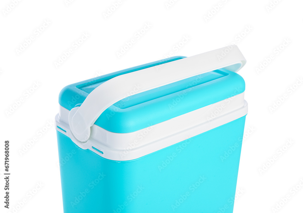 Modern beach cooler on white background, closeup Modern beach cooler on white background, closeup