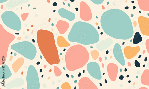 Abstract doodle design terrazo pattern with pastel background in the style of a 1970's handdrawn illustration