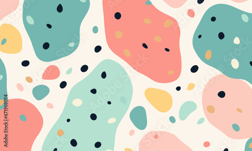 Abstract doodle design terrazo pattern with pastel background in the style of a 1970's handdrawn illustration