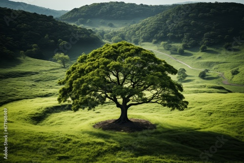 Lone tree atop a rolling green hill with a clear blue sky  Generative AI