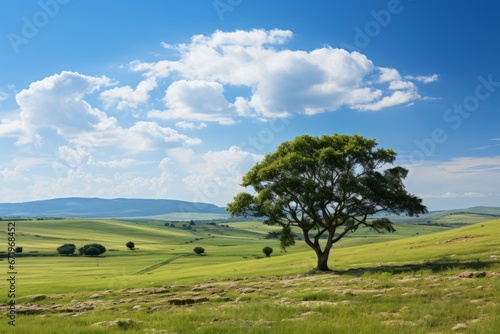 Lone tree atop a rolling green hill with a clear blue sky, Generative AI