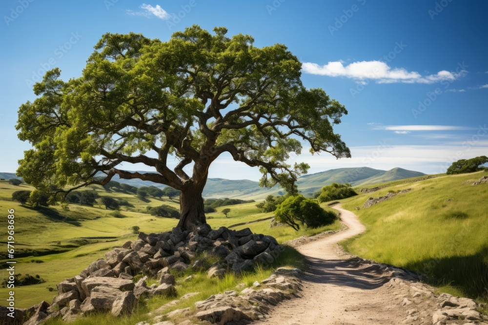 Majestic oak tree on a hill against a clear blue sky, Generative AI